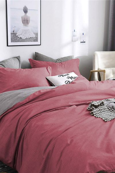 Alla Turca Single Ranforce Double Sided Duvet Cover Set - Flat Sheet - Dried Rose/Grey