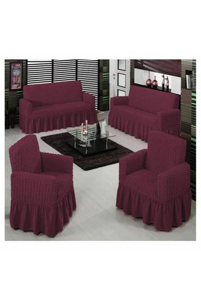 LORİA Claret Red Bürümcük Maxi Sofa Cover Set 3+3+1+1