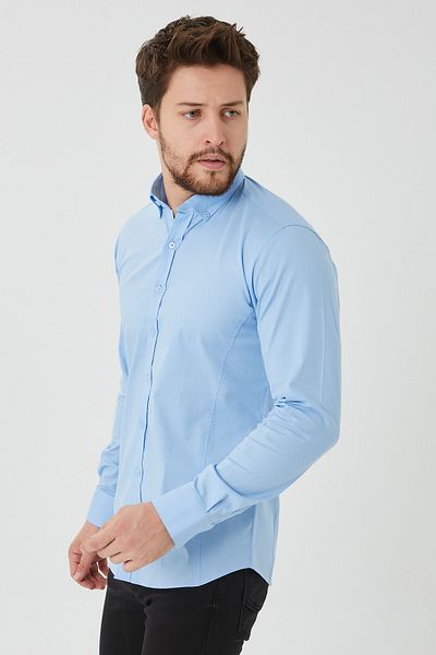 Pietra Paul Men's Blue Slim Fit Plain Poplin Lycra Shirt
