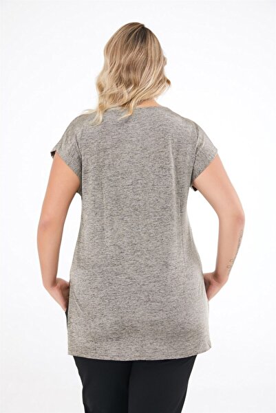 Seamoda Γυναικεία μπλούζα με κοντό μανίκι Coffee Gold Glitter με στάμπα με σκίσιμο