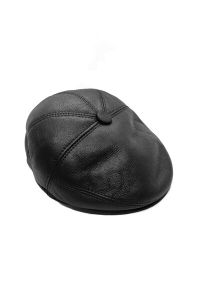 DERİHOME Erkek Siyah Hakiki Deri İçi Kürklü Kasket Şapka
