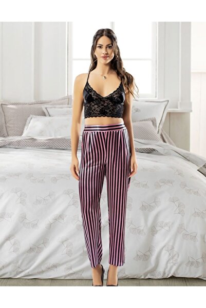 Nilay طقم بيجامة ساتان 3 قطع - بلاك سترايب ليلك 2075 ساتان