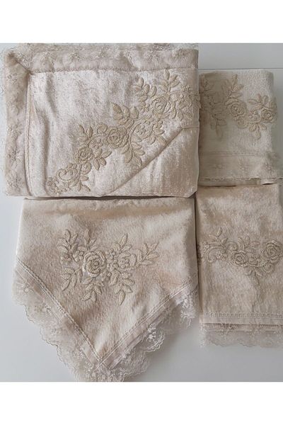 Lamazihome Cappucino French Lace Velvet Prayer Rug Set 5 Piece Dowry Bundle Bridal Set