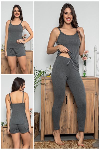 MyBen Set pijama de damă de culoare antracit cu pantaloni scurți și colanți Set de 3 75010