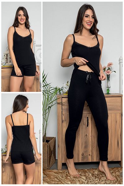 MyBen Women's Black Colored Lace Detailed 3-Piece Pajama Set with Shorts and Tights 2022-75015