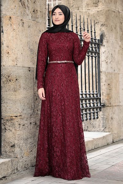 Mihrunisa Women's Burgundy Evening Dress