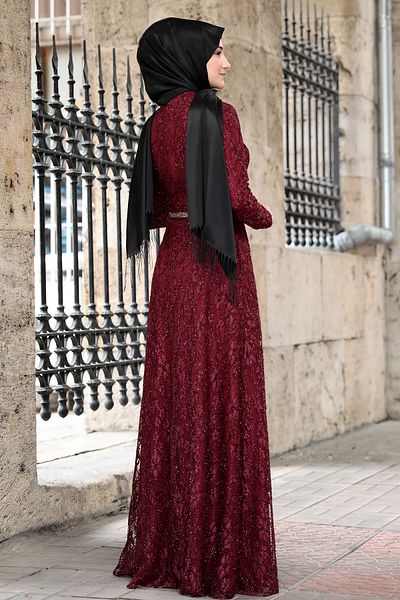 Mihrunisa Women's Burgundy Evening Dress