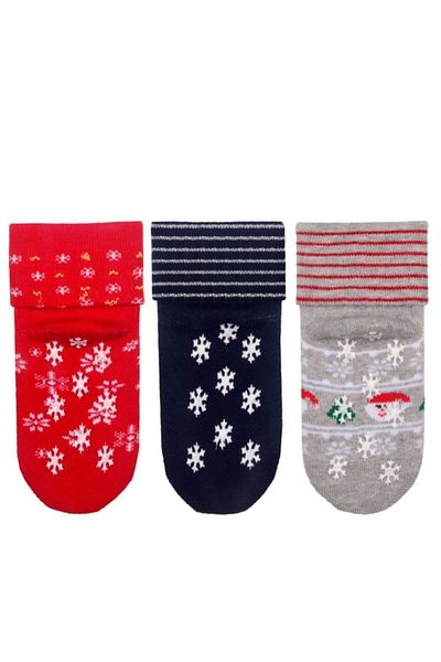 MEM SOCKS Baby Girl Colorful New Year Patterned Anti-Slip Towel Socks 3-Piece