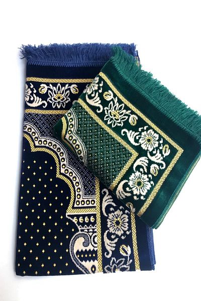 Kardelen Luxury Dodya Velvet Prayer Rug for Wedding, Engagement Bundles (Navy, Green), Rosary, Skullcap