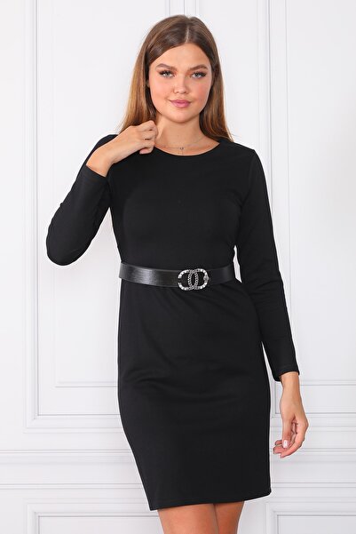 etselements Kadın Siyah Sade Ve Kuşak Detaylı Klasik Elbise Es261