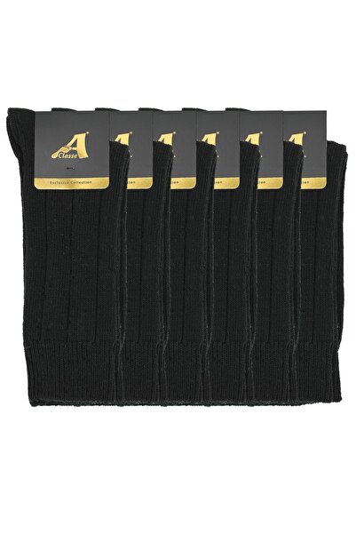 A CLASSE 6'lı Paket Yünlü Kalın Kışlık Derby Model Siyah Erkek Çorap