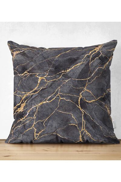 Realhomes Siyah Zemin Üzerinde Gold Detaylı Mermer Desenli Modern Yastık Kırl...