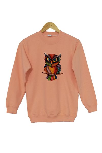Raf Coll Girl Child Powder Pink Crew Neck Sweatshirt Colorful Owl Digital Printed Two Threads with Ribbed Inside