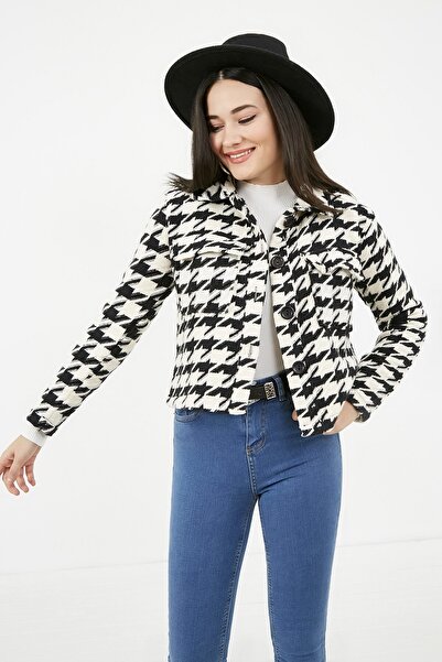 Sateen Дамско черно екрю късо яке с шарки на хрътки зъби STN723KCE174