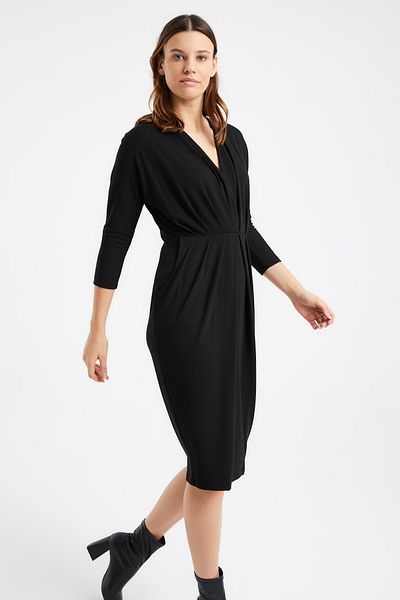 Laranor Women's Black Pocket and Collar Detail Pleated Knitwear Dress