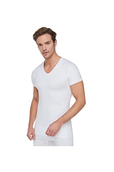 Tutku Men's White Ribbed V-Neck Undershirt 6 Pack 107