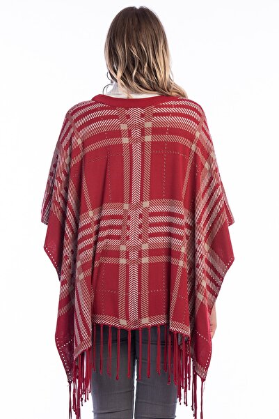 Şans Women's Large Size Claret Red Plaid Pattern Knitwear Poncho 65n21029