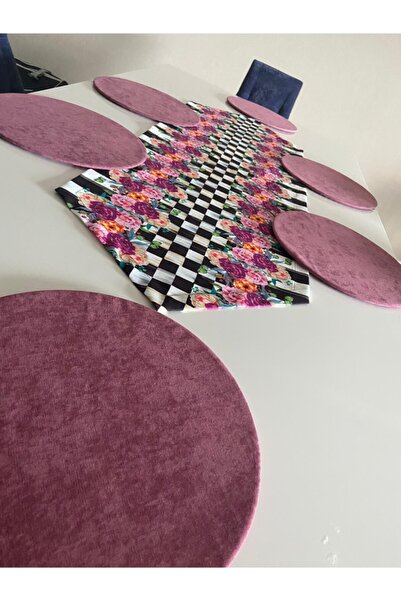 Ayşemce طقم مفارش أطباق مكون من 6 أطباق باللون الوردي الداكن، عداء مربعات (نم...