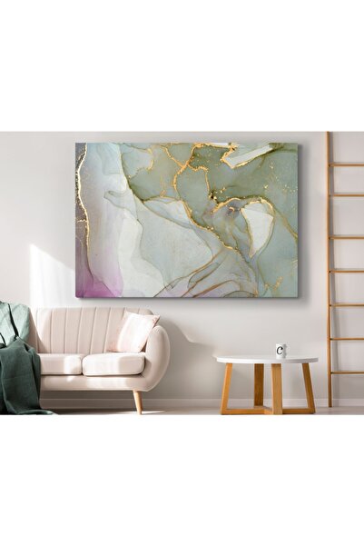 Meteor Galeri Soyut Yeşil Pembe Renkli Gold Rengi Detaylı Abstract Kanvas Tab...