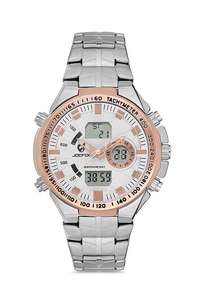 Joefox Men's Digital Analog Steel Band Rose Wrist Watch 1039