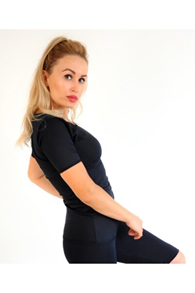 lovebox Polymer Coated Inside Fat Burning Navy Blue Short Sleeve Thermal Corset Underwear - One Piece T-shirt