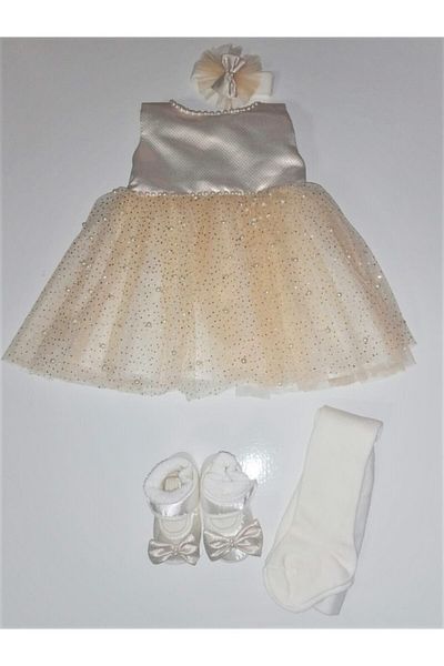 Yumese Baby Girl Ecru-Gold Skirt with Pearls Set