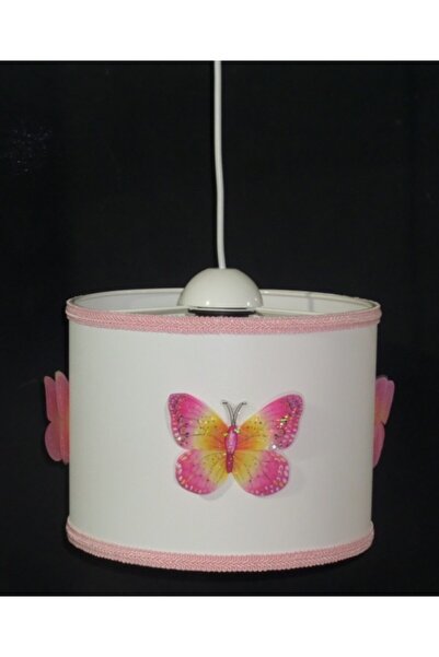 TEKAY AYDINLATMA Pembe Kelebekli Beyaz Pvc Kız Çocuk Odası Avize Genişlik 25 Cm