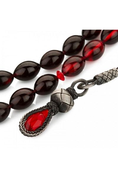 Tesbihsepetim Red Black Goose Tassel Rosary with Barley Cut