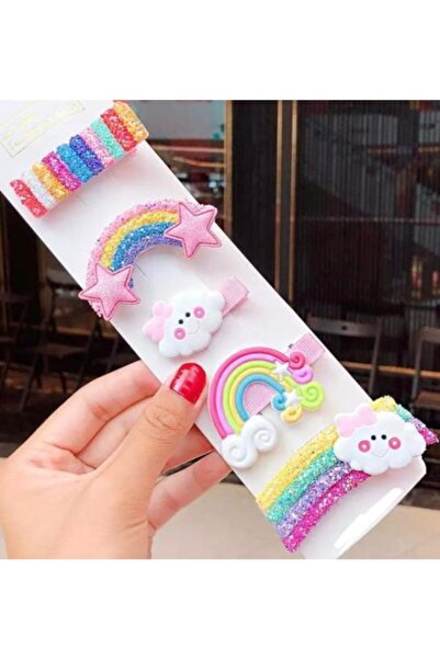 QUEEN AKSESUAR Çocuk Bebek Simli Pullu Gökkuşağı Renkli Toka Seti