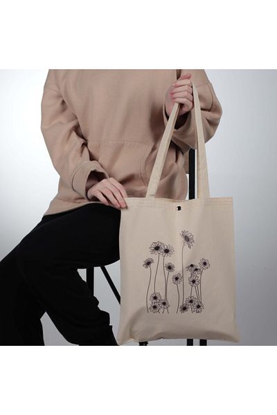 pamukcanta Black Daisy Thick Fabric Cloth Bag with Snap Fasteners
