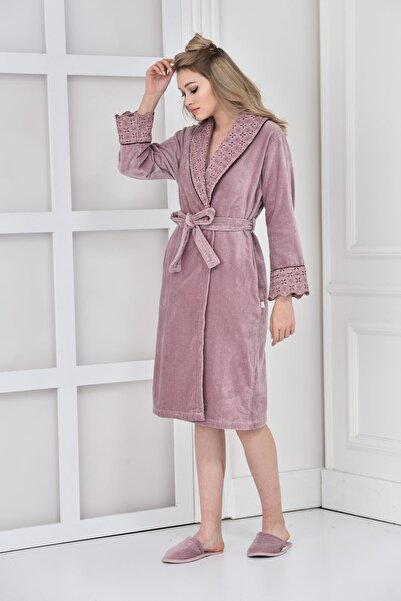 Ecocotton Ella Women's Bathrobe 100% Organic Cotton Embroidered Powder