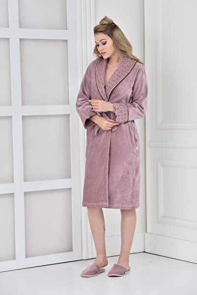Ecocotton Ella Women's Bathrobe 100% Organic Cotton Embroidered Powder