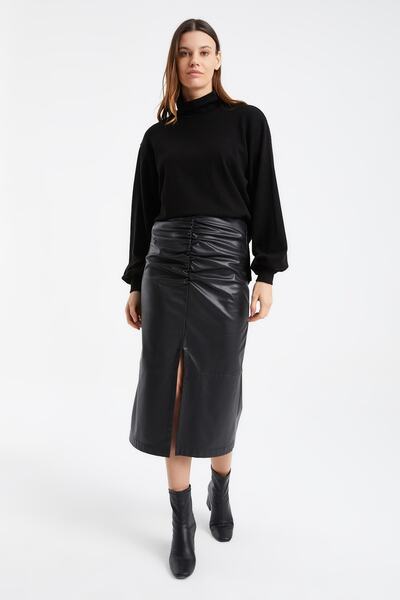 Laranor Fusta creion din piele artificială cu căptușeală din fleece pentru femei, neagră, cu detaliu cu fante și cu șnur