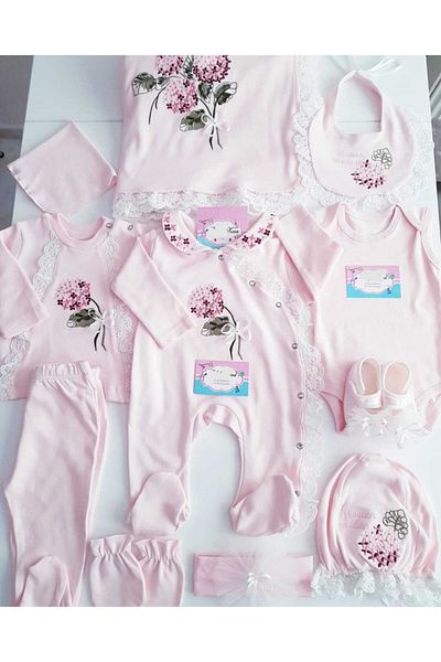 Eda Baby مجموعة كاملة مطرزة باللون الوردي للفتيات الصغيرات مكونة من 10 قطع من إصدار المستشفى