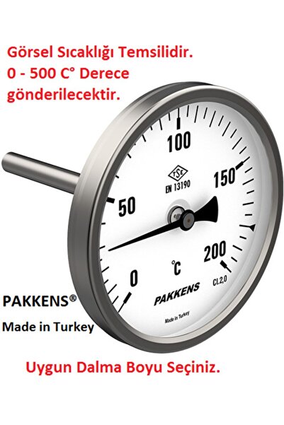 Pakkens Çap Ø100mm 500 C° Derece 20 Cm Dalma Boylu, Fırın, Taş Fırın Termomet...