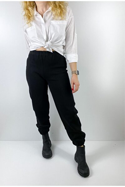 Modaonna Kadın Siyah Bilekten Lastikli Triko Pantolon