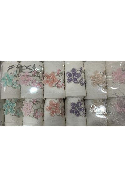 Fiesta Cream Daisy Bamboo Embroidered Dowry Towel Set - 6 Pieces 50X90 / 6 Pieces 30X50