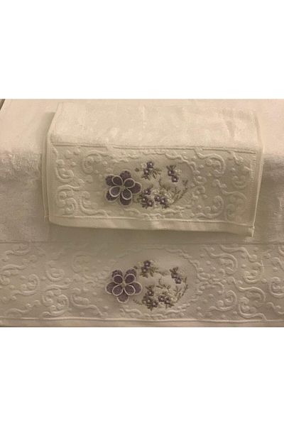 Fiesta Cream Daisy Bamboo Embroidered Dowry Towel Set - 6 Pieces 50X90 / 6 Pieces 30X50