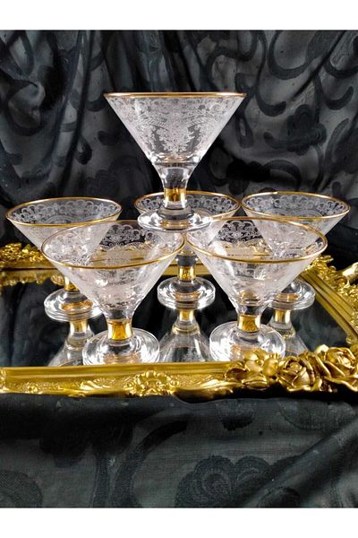 Paşabahçe Set of 6 Hand Decorated Lace Embroidered Glass Sugar Bowl, Turkish Delight Bowl, Chocolate Bowl, Ice Cream Bowl, Cup