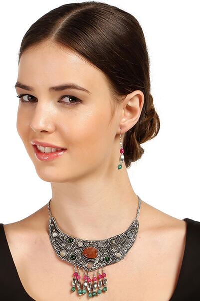 Rouge Women's Silver Moulin Natural Stone Decorated Alpaca Chain Necklace Earring Set