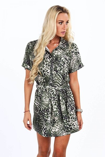 fasardi Kadın Yeşil Dijital Baskılı Kısa Kollu Gömlek Elbise 20820