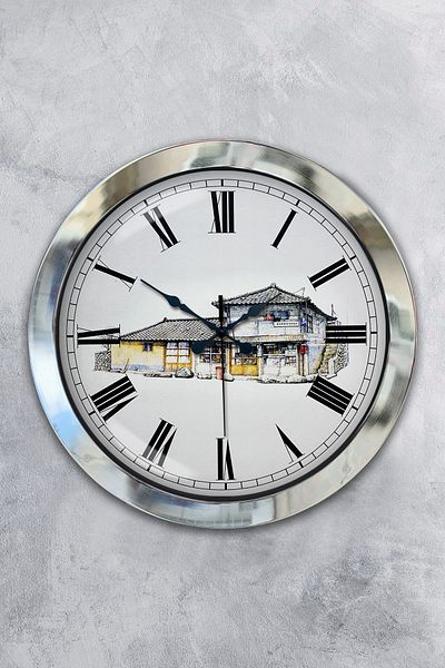 Kasva Concept Gift 36 Cm Chrome Metal Old House Wall Clock