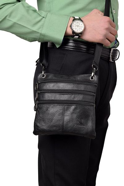 ÇÇS 076 Genuine Leather Long Strap Unisex Passport Bag Black