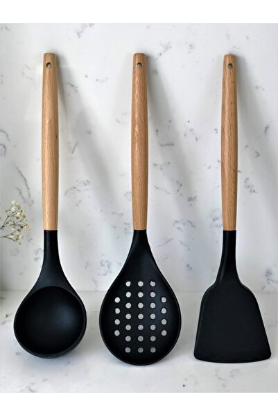 GalleonHome 3 Piece Kitchen Set Bamboo Silicone Ladle Colander Spatula