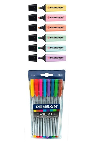 Pensan Triball 8'li Tükenmez Kalem + Stabilo Boss Pastel 6'lı Fosforlu Kalem