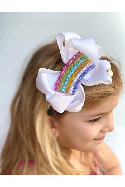 QUEEN AKSESUAR Girl's White Color Rainbow Glittery Sequin Shiny Crown and Slippers