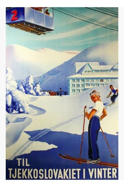 Universal Στην Τσεχοσλοβακία το χειμώνα Vintage Τσεχική αφίσα για αθλήματα σκ...