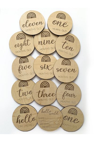 ESKA EVENTS Rainbow Pattern 14-Piece Wooden Monthly Card Set Baby Monthly Photo Souvenir Cards