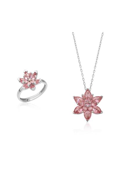LOTUS JW Lotus Çiçeği Kolye Ve Yüzük Seti & Işıklı Set Kutusu | 925 Ayar Gümüş Set