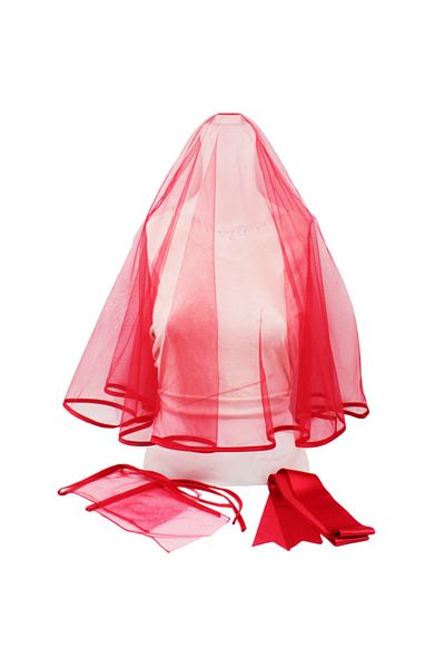 ALSHOP Ribbed Henna Veil Bridal Veil Set Red Plain Veil
